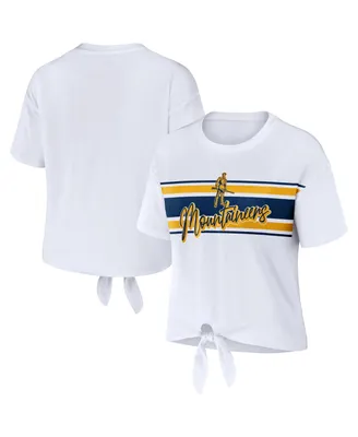 Women's Wear by Erin Andrews White West Virginia Mountaineers Striped Front Knot Cropped T-shirt