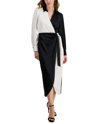 Anne Klein Women's Long-Sleeve Faux-Wrap Midi Dress