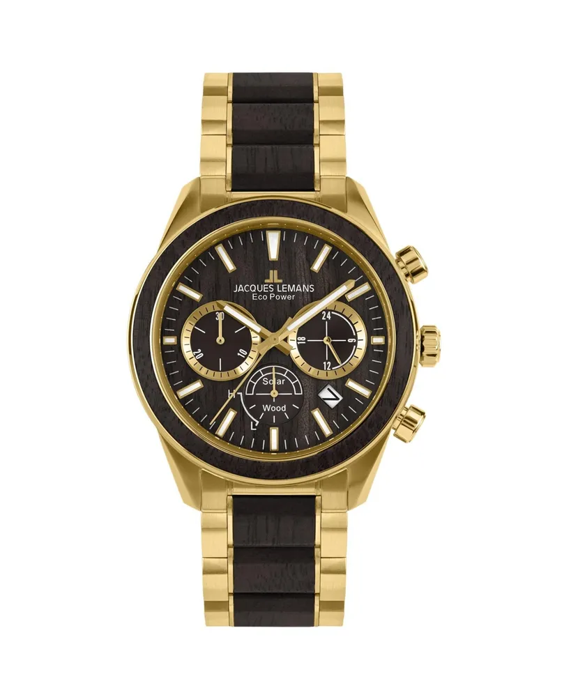 Jacques Lemans Men's Eco Power Watch with Solid Stainless Steel / Wood Inlay Strap Ip-Gold, Chronograph 1-2115