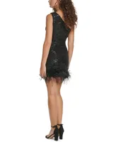 Eliza J Women's Sequin One-Shoulder Feather-Trim Mini Dress