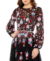 Women's Sequined Floral High Neck Puff Sleeve Cocktail Dress