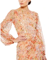 Women's Floral Print Sequined Puff Sleeve Gown