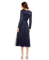 Mac Duggal Women's Long Sleeve Tea Length Dress