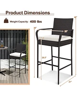 Costway 2PCS Patio Pe Wicker Bar Chairs Counter Height Barstools with Armrests &Cushions