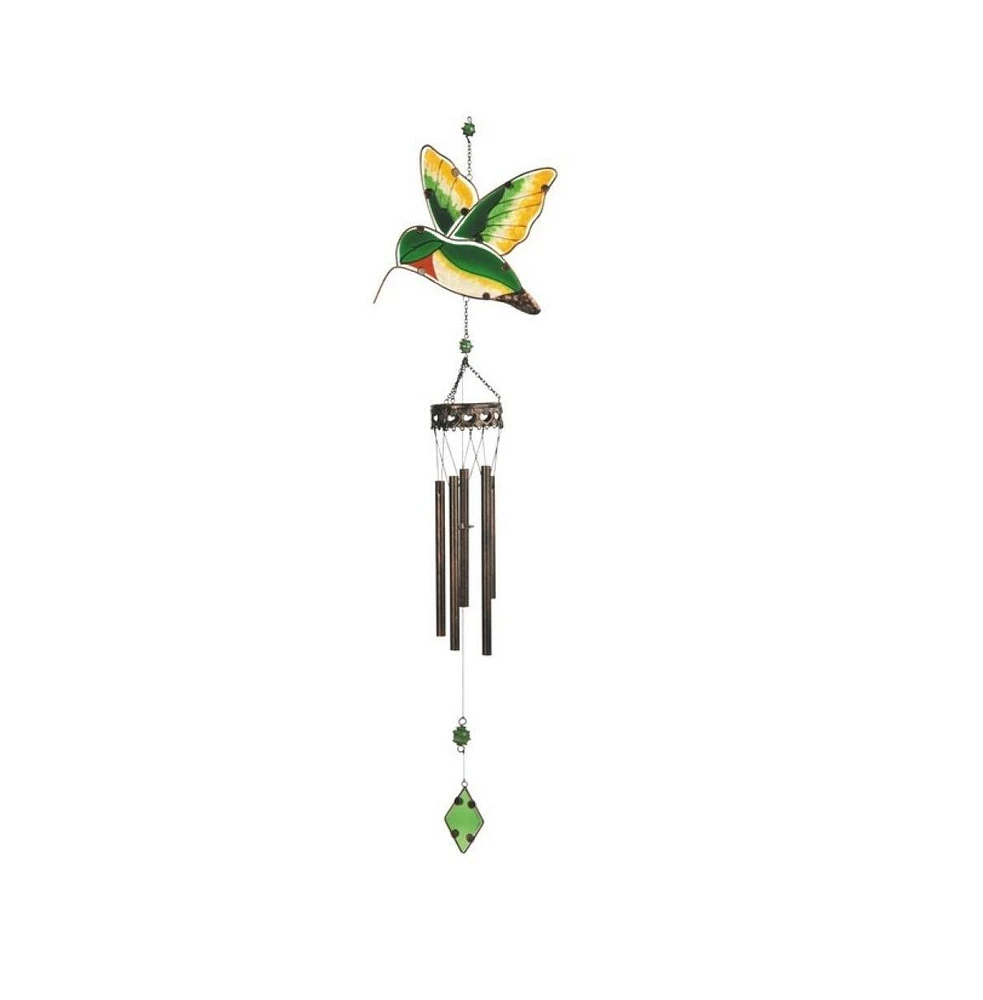 40" Long Green and Yellow Hummingbird Wind Chime with Gem