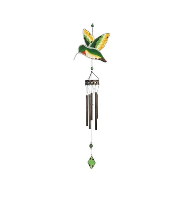 40" Long Green and Yellow Hummingbird Wind Chime with Gem
