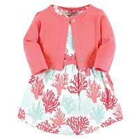 Touched by Nature Toddler Girls Organic Cotton Dress and Cardigan 2pck, Coral Reef