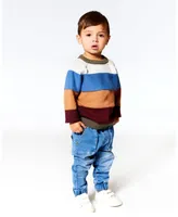 Boy Knitted Raglan Sweater Red Wine, Burnt Orange And Oatmeal Stripe