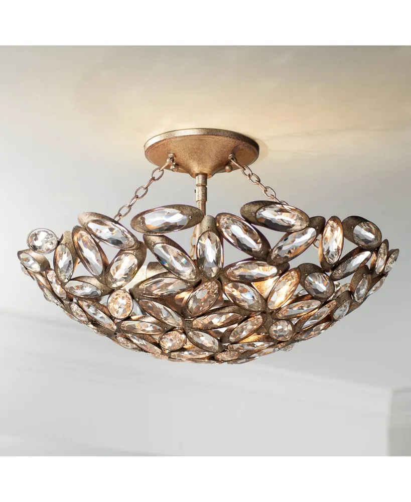 Franklin Iron Works Viera Luxury Close To Ceiling Light Semi-Flush Mount Fixture Bronze Bowl 20" Wide Clear Cut Crystal House Bedroom Hallway Living R