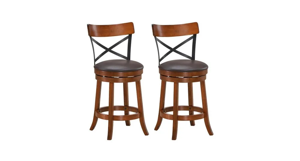 Set of 2 Bar Stools 360-Degree Swivel Dining Bar Chairs with Rubber Wood Legs-25" - Walnut