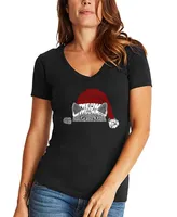 La Pop Art Women's Christmas Peeking Cat Word V-neck T-shirt