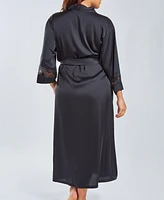 iCollection Plus Silky Stretch Satin Long Robe with Lace Trims