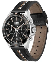 Hugo Boss Men's Troper Quartz Fashion Chrono Black Leather Watch 45mm