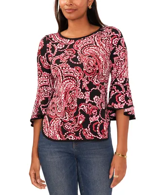 Sam & Jess Petite Floral-Print Bell-Sleeve Piped Top