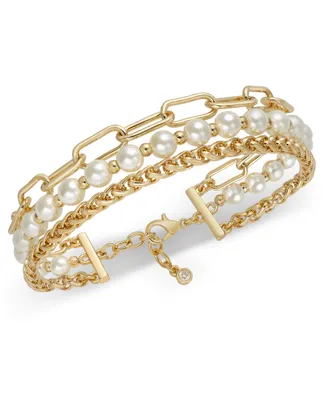 On 34th Gold-Tone Mixed Link & Imitation Pearl Triple-Row Flex Bracelet, Created for Macy's