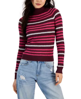 Hooked Up by Iot Juniors' Striped Mini-Cable Mock Neck Sweater