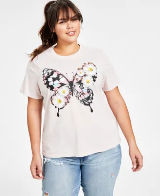 Rebellious One Trendy Plus Floral Fill Butterfly Graphic Print T-Shirt