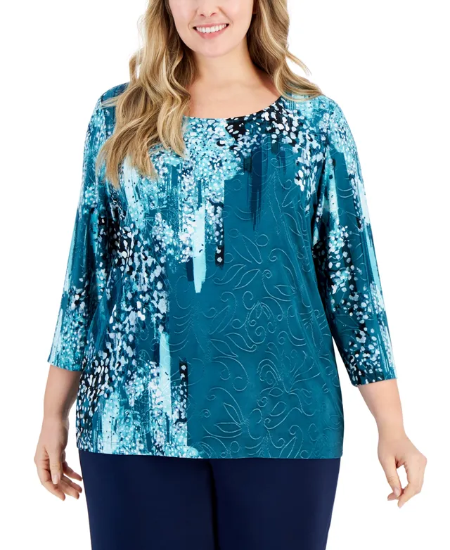 Jm Collection Women's Print 3/4-Sleeve Top, Created for Macy's - Teal  Evergreen Combo