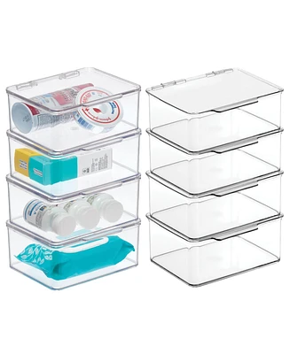 mDesign Plastic Bathroom Storage Organizer Bin Box with Hinge Lid, 8 Pack, Clear