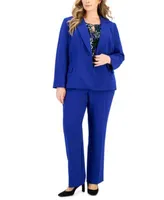 Kasper Plus Size Notched Collar Blazer Printed Keyhole Front Top Straight Leg Pants