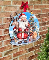 Designocracy Santa with Reindeers Christmas Door Hanger Wooden Door Decor G. DeBrekht