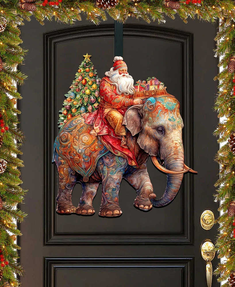 Designocracy Santa on Elephant Christmas Wooden Door Decor Wall Decor G. DeBrekht