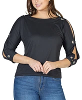 24seven Comfort Apparel Women's Three Quarter Cold Shoulder Grommet Top