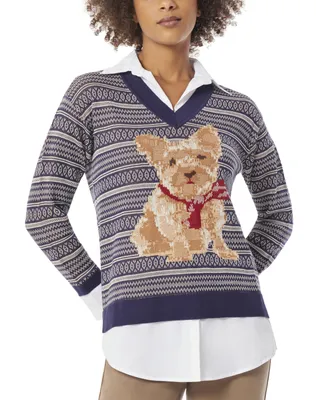 Jones New York Women's Dog Scarf Layered-Look V-Neck Sweater