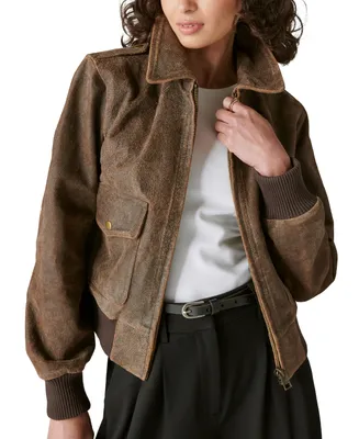 Lucky Brand Women's Distressed Cropped Leather Bomber Jacket