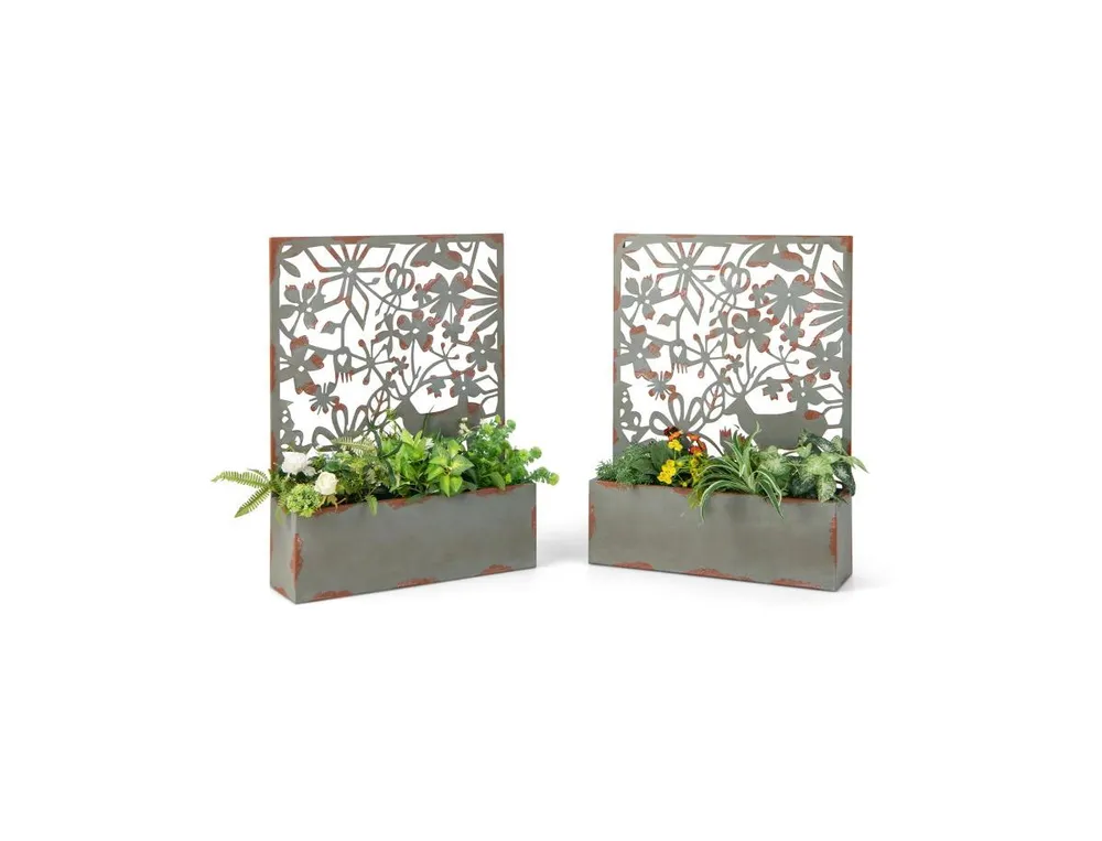 Set of 2 Decorative Raised Garden Bed with Trellises-Rust