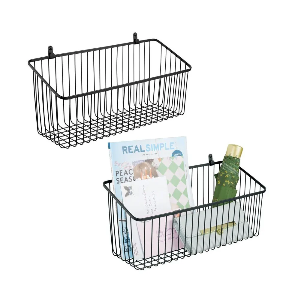 mDesign Metal Storage Organizer Basket with 6 Hooks Wall Mount Black