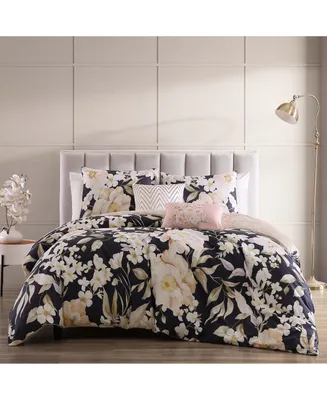 Bebejan Blush Flowers Blue Bedding 100% Cotton 5-Piece Queen Size Reversible Comforter Set