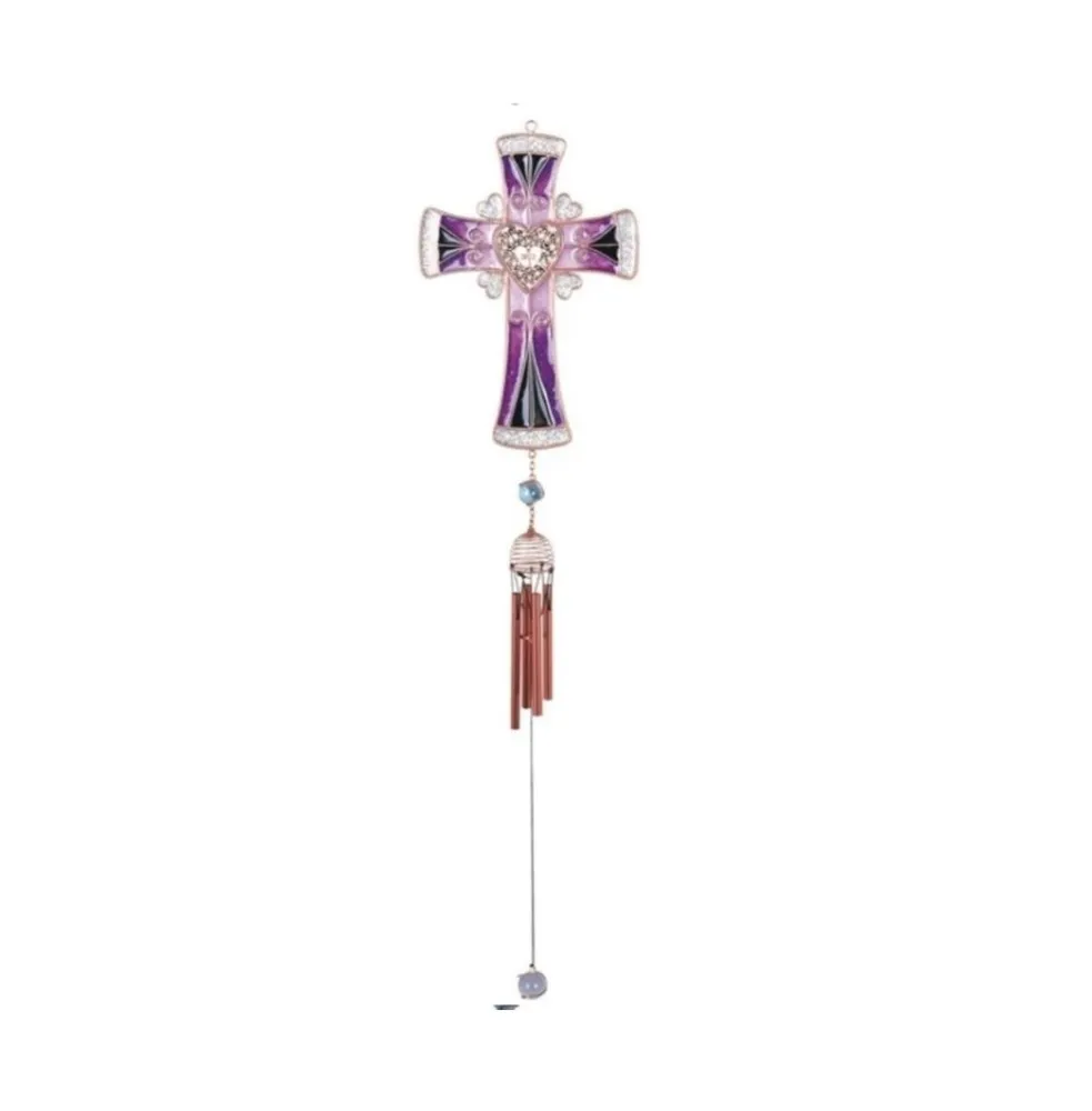 30" Long Purple Cross Wind Chime with Copper Gem