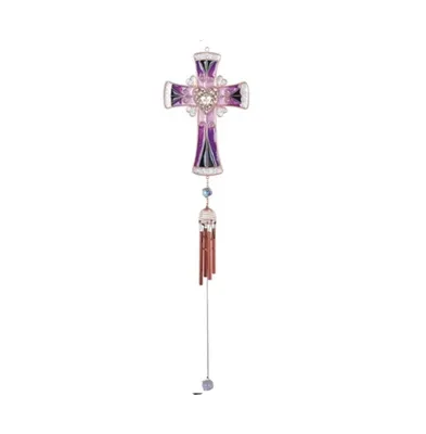 30" Long Purple Cross Wind Chime with Copper Gem
