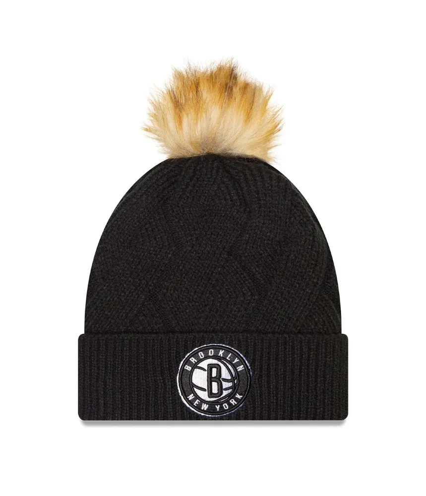 Women's New Era Black Brooklyn Nets Snowy Cuffed Knit Hat with Pom