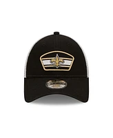 Men's New Era Black, White New Orleans Saints Logo Patch Trucker 9FORTY Snapback Hat