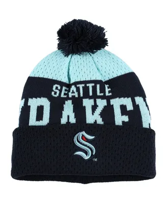 Big Boys and Girls Deep Sea Blue Seattle Kraken Stretchark Cuffed Knit Hat with Pom