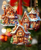 Designocracy Fairy Tale Houses Christmas Wooden Ornaments Holiday Decor Set of 3 G. DeBrekht