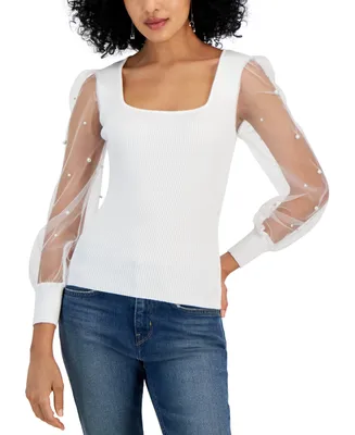 Crave Fame Juniors' Sheer-Sleeve Imitation-Pearl Square-Neck Sweater