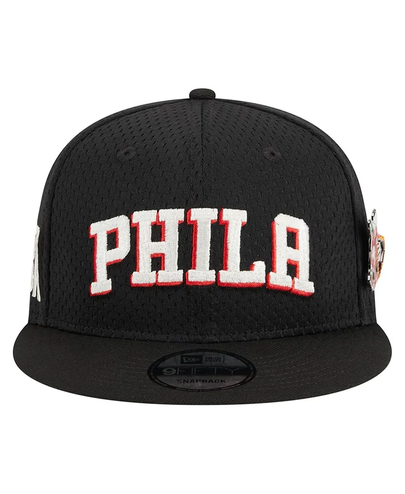 Men's New Era Black Philadelphia 76ers Post-Up Pin Mesh 9FIFTY Snapback Hat