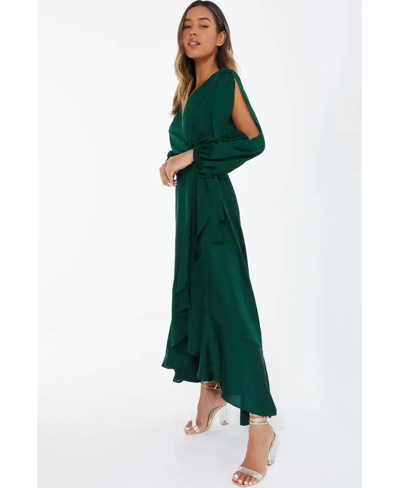 Quiz Women's Satin Wrap Long Sleeve Frill Maxi Dress