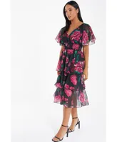 Quiz Women's Floral Printed Chiffon Glitter Tiered Midi Dress