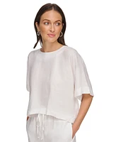 Dkny Linen Drop Shoulder Short Sleeve Top