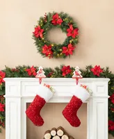 Glitzhome 2 Pack 9' Pre-Lit Greenery Pine Poinsettia and Red Berries Christmas Garl and, with 70 Warm White Lights and Timer