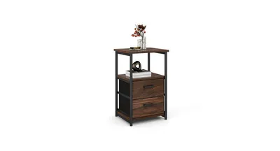 3-Tier Retro Nightstand with 2 Removable Fabric Drawers and Open Shelf-Walnut