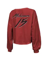 Women's Majestic Threads Patrick Mahomes Red Kansas City Chiefs Name and Number Off-Shoulder Script Cropped Long Sleeve V-Neck T-shirt