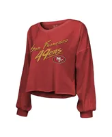 Women's Majestic Threads Christian McCaffrey Scarlet San Francisco 49ers Name and Number Off-Shoulder Script Cropped Long Sleeve V-Neck T-shirt