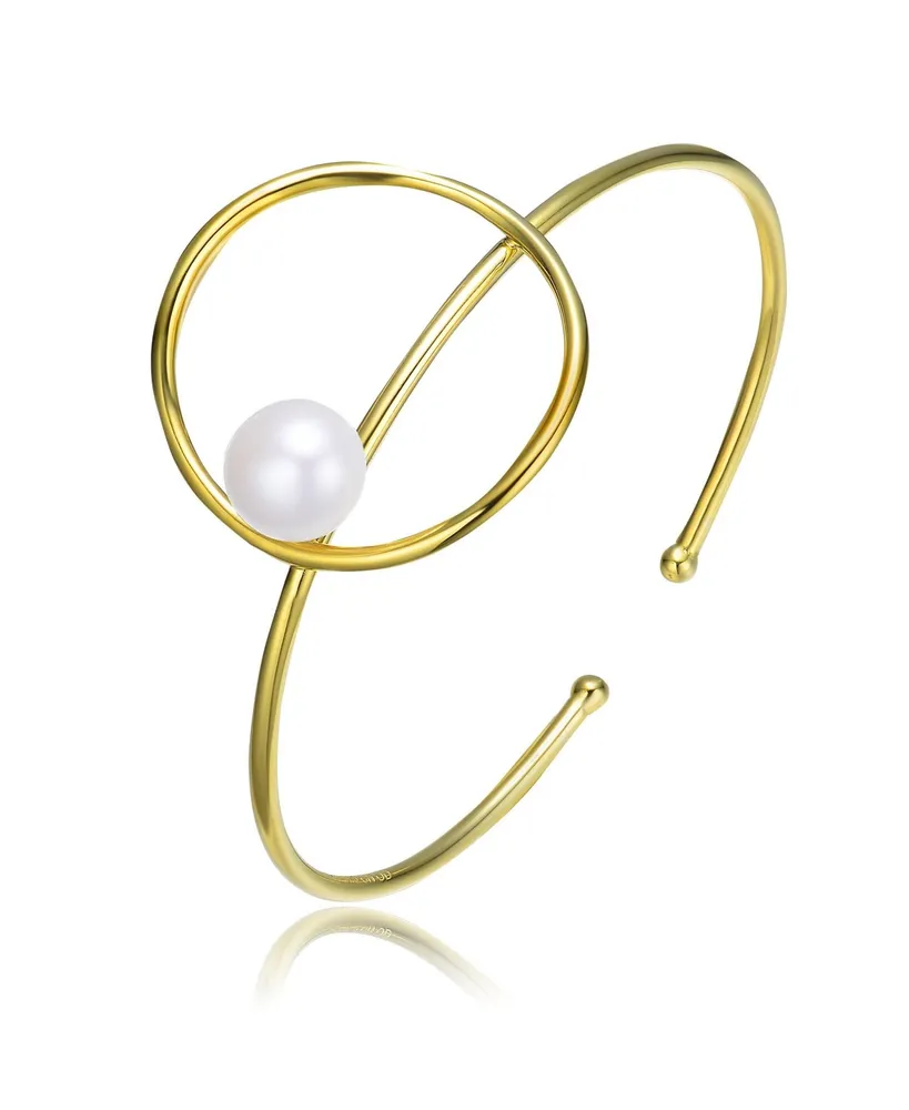 Genevive Very Elegant Sterling Silver 14K Gold Plating Genuine Freshwater Pearl Cuff Bracelet