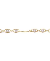 Genevive Sterling Silver 14K Gold Plated Genuine Freshwater Pearl and Cubic Zirconia Link Oval Spring Adjustable Bracelet