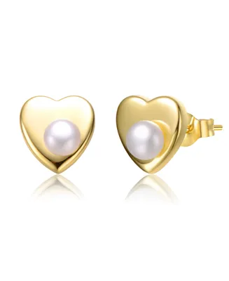 Genevive Sterling Silver 14k Yellow Gold Plated with White Freshwater Pearl Heart Stud Earrings